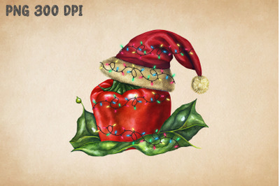 Xmas Capsicum In Santa Hat Watercolor