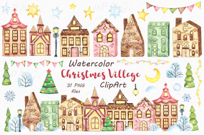 Watercolor Christmas Village Clipart