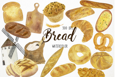 Watercolor Bread Clipart, Nakery Clipart, Bread Graphics