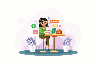 Woman is Working with Laptop Vector Illustration