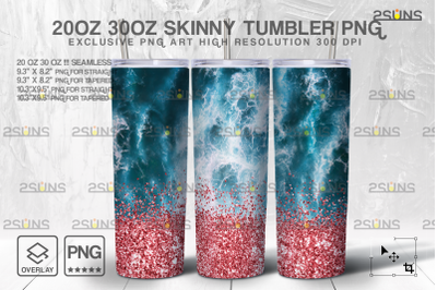 20oz Sea Pink Glitter Skinny Tumbler SEAMLESS Design, Sublimation PNG