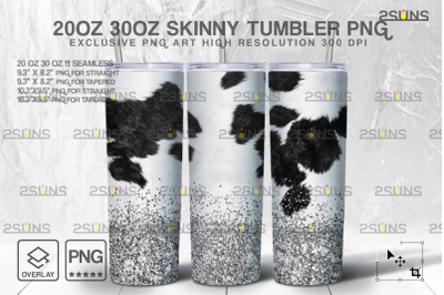 20oz CowHide Silver Glitter Skinny Tumbler SEAMLESS Design