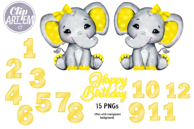 Canary Yellow Elephant Baby 12 month Numbers 15 PNGs Clip Art