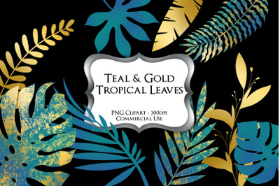 Teal &amp; Gold Tropical Leaves PNG Clipart