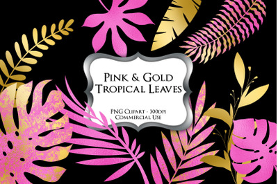 Pink &amp; Gold Tropical Leaves PNG Clipart