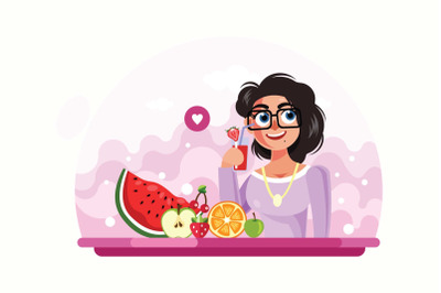 Young Girl Drinking Juice Vector Illustration