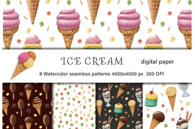 Ice cream seamless pattern set. Hand drawn sweet desert digital paper.