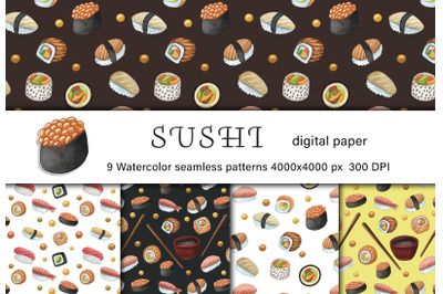 Sushi and Maki Hand drawn seamless pattern