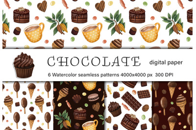 Chocolate seamless patterns set. Deserts, ice cream, hot chocolate