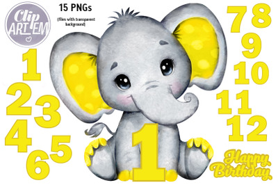 Unisex Boy / Girl Yellow Elephant 12 numbers 15 PNG Clip Art  Bundle