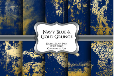 Navy Blue &amp; Gold Grunge Digital Paper Pack