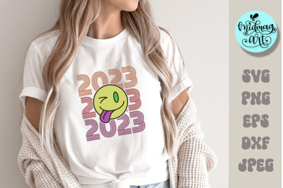 Groovy smiley 2023 svg, 2023 sublimation, new year cut file