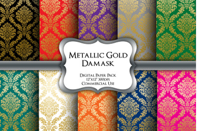 Metallic Gold Damask Digital Paper Pack