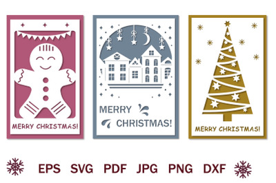 Bundle of papercut Christmas cards, svg holiday template