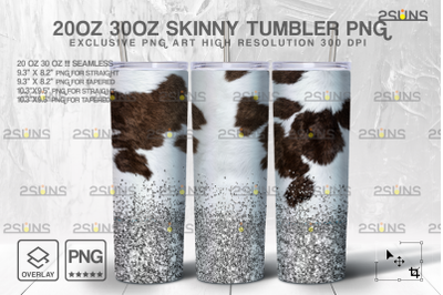 20oz CowHide Silver Glitter Skinny Tumbler SEAMLESS Design