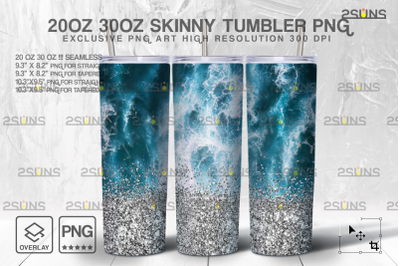 20oz Sea Silver Glitter Skinny Tumbler SEAMLESS Design, Sublimation PN