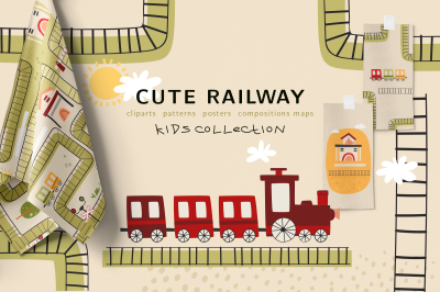 Kids railway . Cartoon train, railway track, patterns, cliparts