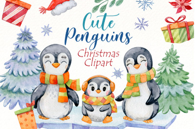 Christmas Penguin Clipart | Watercolor Cute animal PNG.