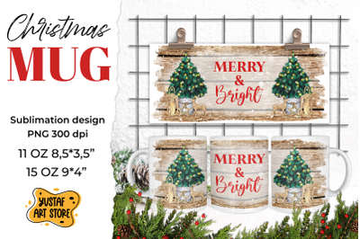 Rustic Christmas mug sublimation. Merry &amp; Bright PNG design