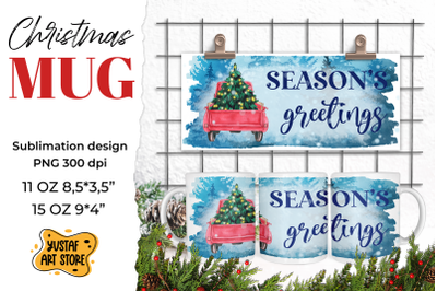 Season&#039;s greetings sublimation mug. Watercolor Red truck PNG