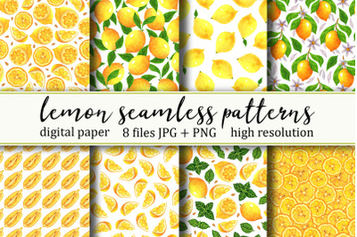 Lemon seamless patterns set, watercolor digital paper