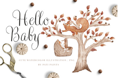 Hello Baby Cute Watercolor Illustration PNG