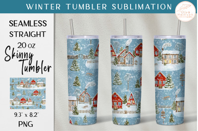 Watercolor Snowy House Tumbler Wrap. Christmas Tumbler Sublimation