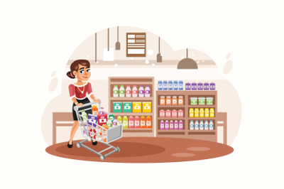Young Woman shopping at supermarket Vector Illustration