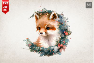 Cute Fox &amp; Spruce Branches Watercolor 2