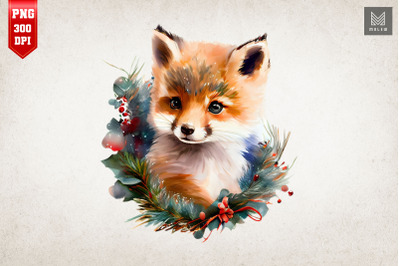 Cute Fox &amp; Spruce Branches Watercolor 3