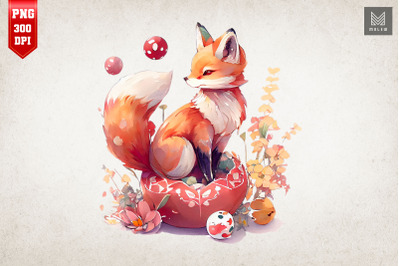 Watercolor Cute Fox &amp; Flowers 2