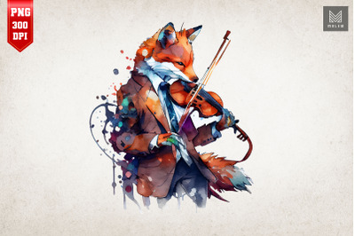 Watercolor Fox Playing Violin