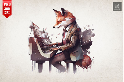 Watercolor Fox Playing Piano