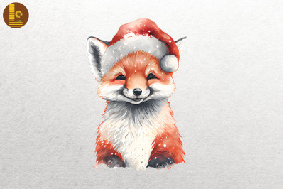 Watercolor Cute Fox In Santa Hat Xmas