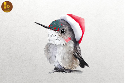 Watercolor Hummingbird In Santa Hat Xmas