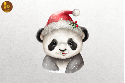 Watercolor Cute Panda In Santa Hat Xmas