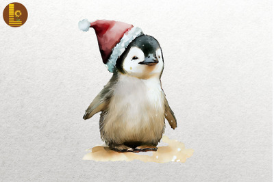 Watercolor Penguin In Santa Hat Xmas