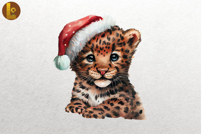 Watercolor Leopard In Santa Hat