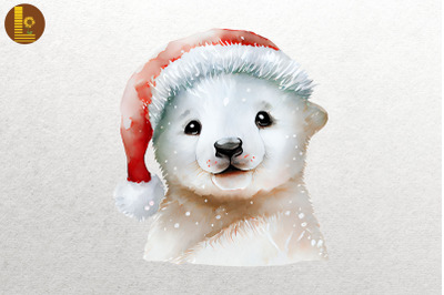 Watercolor Polar Bear In Santa Hat Xmas