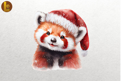 Watercolor Red Panda In Santa Hat Xmas