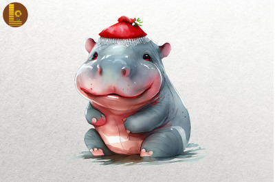 Watercolor Cute Hippo In Santa Hat Xmas