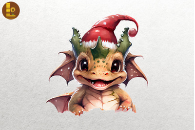 Watercolor Cute Dragon In Santa Hat Xmas