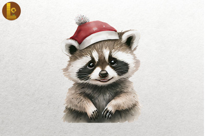 Watercolor Cute Racoon In Santa Hat Xmas