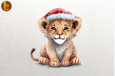 Watercolor Cute Lion In Santa Hat Xmas