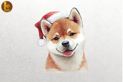 Watercolor Cute Shiba Inu In Santa Hat