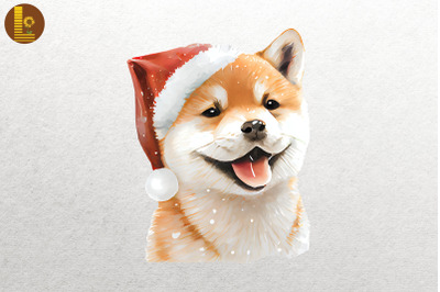 Watercolor Cute Shiba Inu In Santa Hat 2