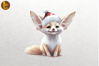 Watercolor Fennec Fox In Santa Hat Xmas