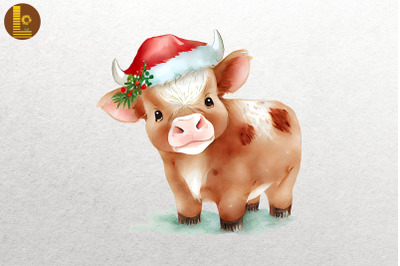 Watercolor Cute Ox In Santa Hat Xmas