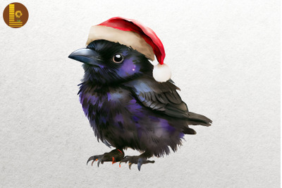 Watercolor Cute Raven In Santa Hat Xmas