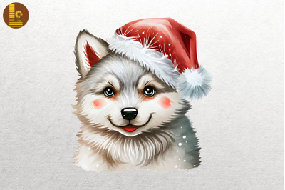 Watercolor Cute Wolf In Santa Hat Xmas